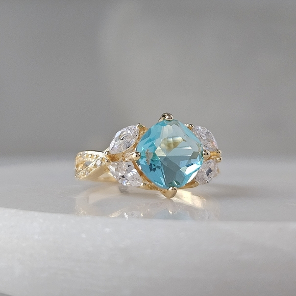 Blue and Teal Aquamarine Cushion Square ring, 925 Sterling Silver Charmed Aroma - Picture 2 of 7